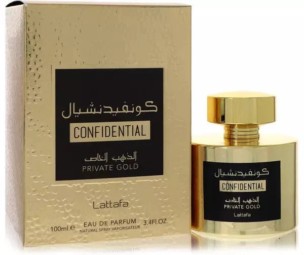 Confidential Private Gold Lattafa Perfumes 100ml perfume bottle at Dubai Aroma South Africa